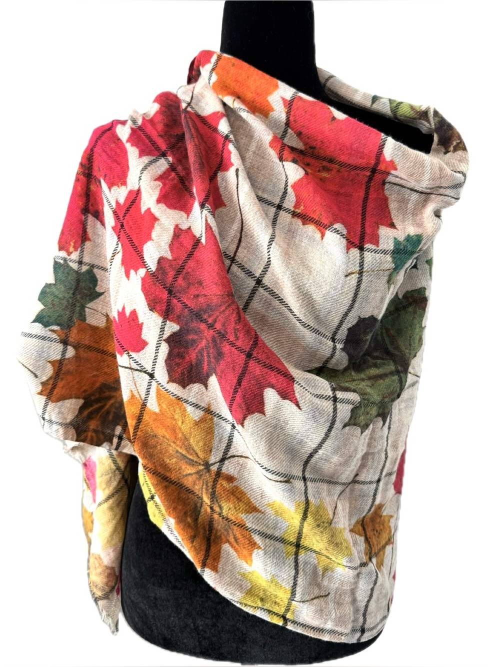 The Blue Turban Wool Cotton Blend Floral Leaf Print Scarf 25x70 - Picture 3 of 5